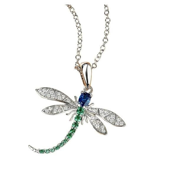 Source Unknown Jewelry - Dragonfly Insect Blue Green and CZ Silver Fashion Pendant Necklace NWOT